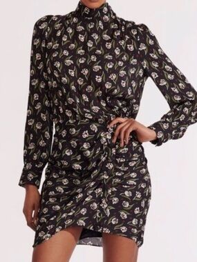 Veronica Beard Cadence Black Floral Long-Sleeve Ruched Dress
